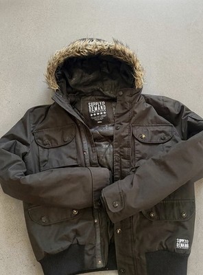 SUPPLY & DEMAND Herren Parka Jacke mit Kapuze und Fellbesatz, Schwarz, Gr. S