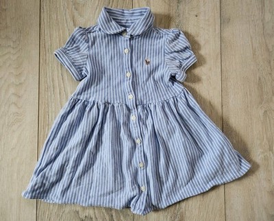 Ralph Lauren Girls Blue Striped Button-up Oxford Dress Cotton Size 12 Months 