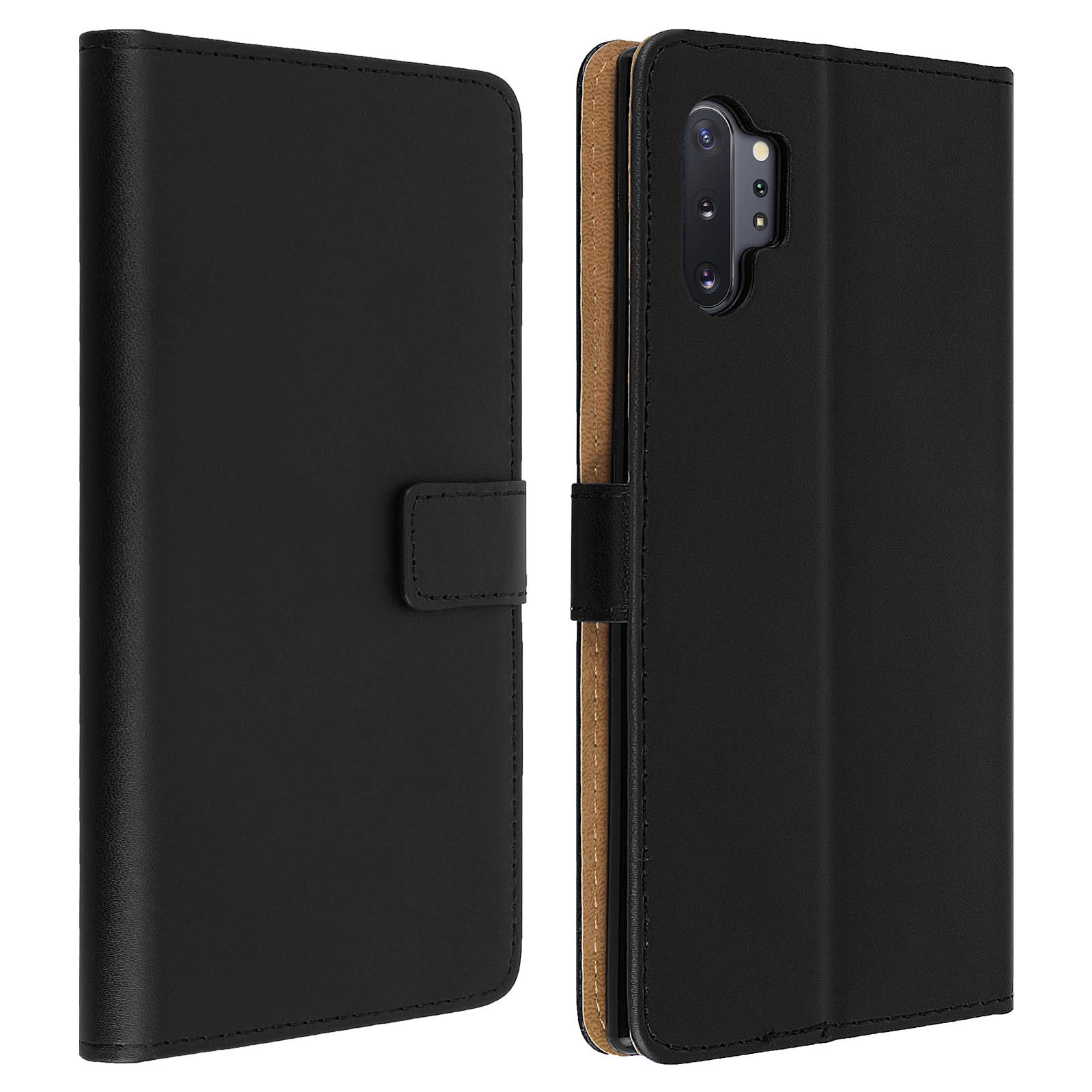 Étui en cuir véritable noir pour Galaxy Note 10 Plus avec support vidéo