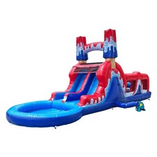 POP JUMP Ice Rocket 28' Obstacle Course with Dual Lane Waterslide Attached Dee