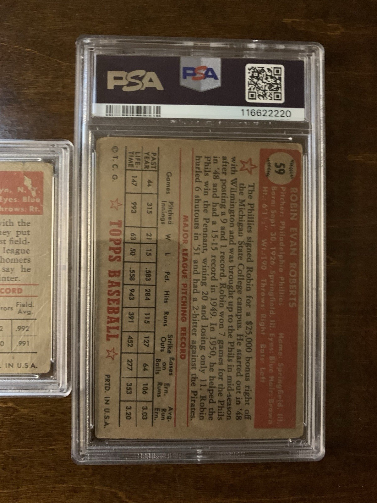 1952 Topps PSA 1 Gil Hodges #36 and Robin Roberts #59 view 6