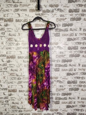 Boho Floral Tank Dress XS Purple Crochet Top Peacock Fairy Festival Resortwear
