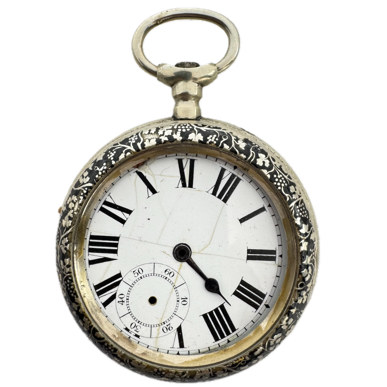 Antique Nickel Niello Mechanical Open Face Pocket Watch Unbranded France