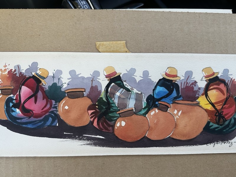 Olga Pérez Watercolor Painting Signed Latin America Village Colorful Peruvian