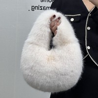 Faux Fur Lady Handbags Soft Plush Casual Tote Bag Luxury Half Moon Bag