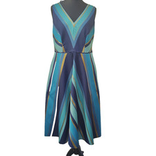 Monsoon Amaris MidiDress Size 16 Chevron Navy Blue Gold Pockets Summer wedding