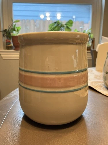 Vintage McCoy USA Pottery Blue & Pink Striped Canister #135 6" X 4.25" Utensil