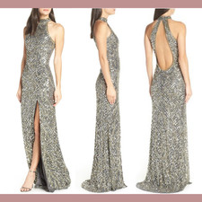 NEW MAC DUGGAL [ 12 ] 4112 High-neck Sequin Column Gown in Grey Gold #S740