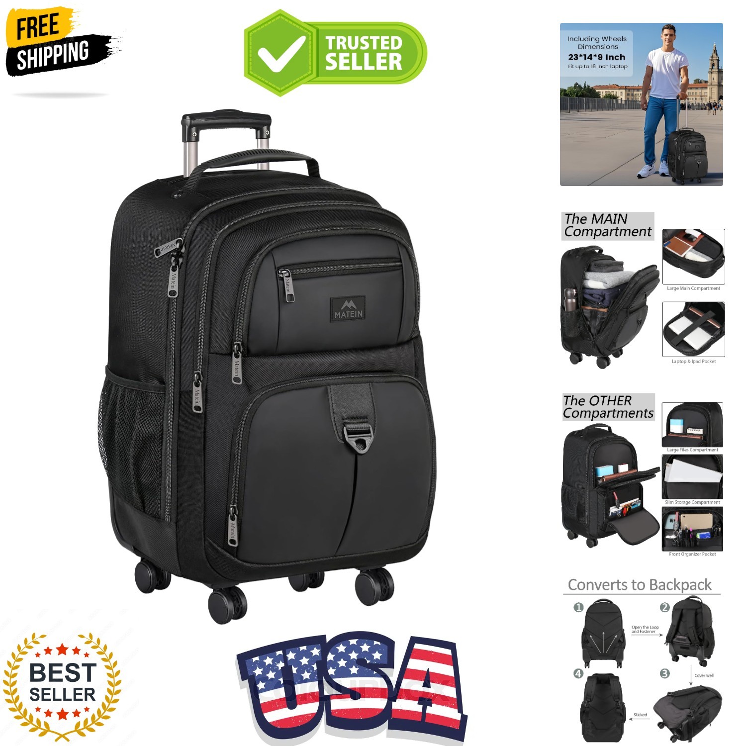 Roller Backpack, 18 inch Large Travel Laptop Bag with 4 Whee