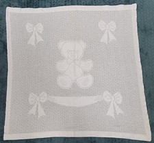 Vintage Pram Blanket Blue Cellular Teddy Bear Bows Made GB 90x100cm USED