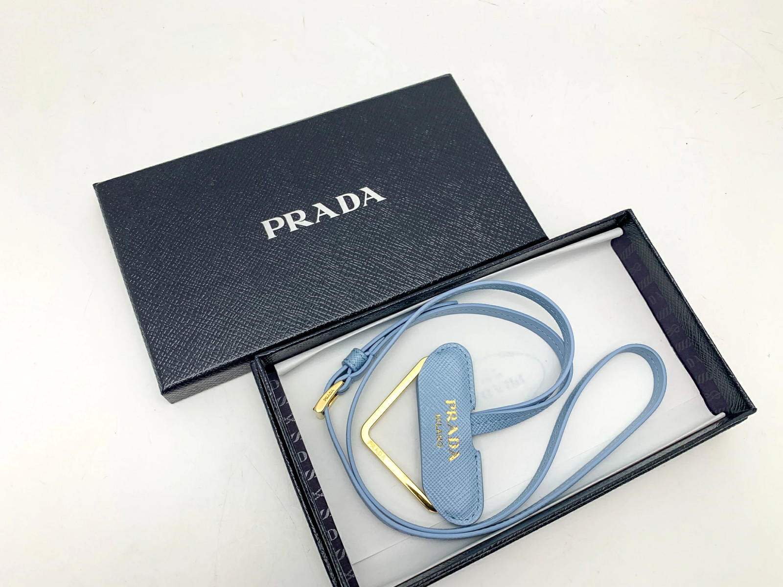 Prada Saffiano Light Blue Triangle Logo Neck Strap Unisex 73cm Excellent thumbnail 9