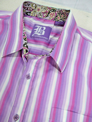Brooklyn Express Men's XXXL 3XL Button Down Flip Cuff Striped Shirt Purple White
