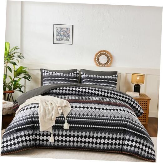 Black Comforter Set Size 7 Piece, Boho Stripe Bed in a Bag Queen Black Stripe