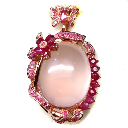 925 Sterling Silver 22 x 27 mm. Rose Quartz, Ruby & Sapphire Brooch/pendant