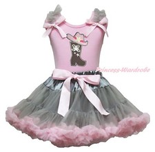 Western Cowgirl Hat Boot Top Shirt Gray Pink Pettiskirt Girls Outfit Set 1-8Year