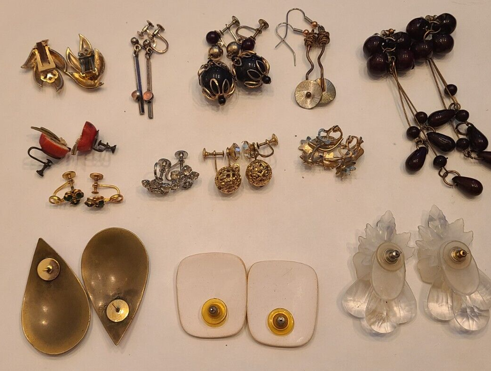 Vintage Lot 13 Earrings Clipon Stud Resell Junk Plastic Ceramic Metal