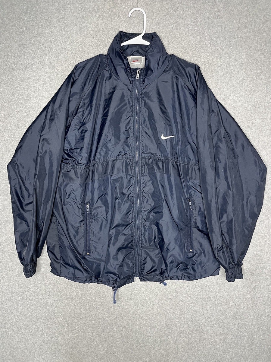 VINTAGE 90s Nike Nylon Jacket Full Zip Red Logo Hooded Size Medium