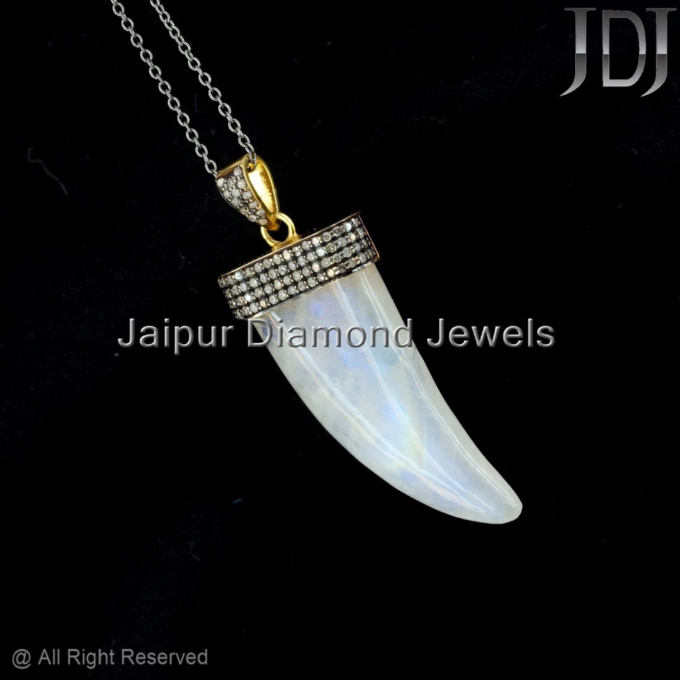 Natural Rainbow Moonstone Gems Pave Diamond 925 Silver Designer Chain Pendant - Image 2 of 4