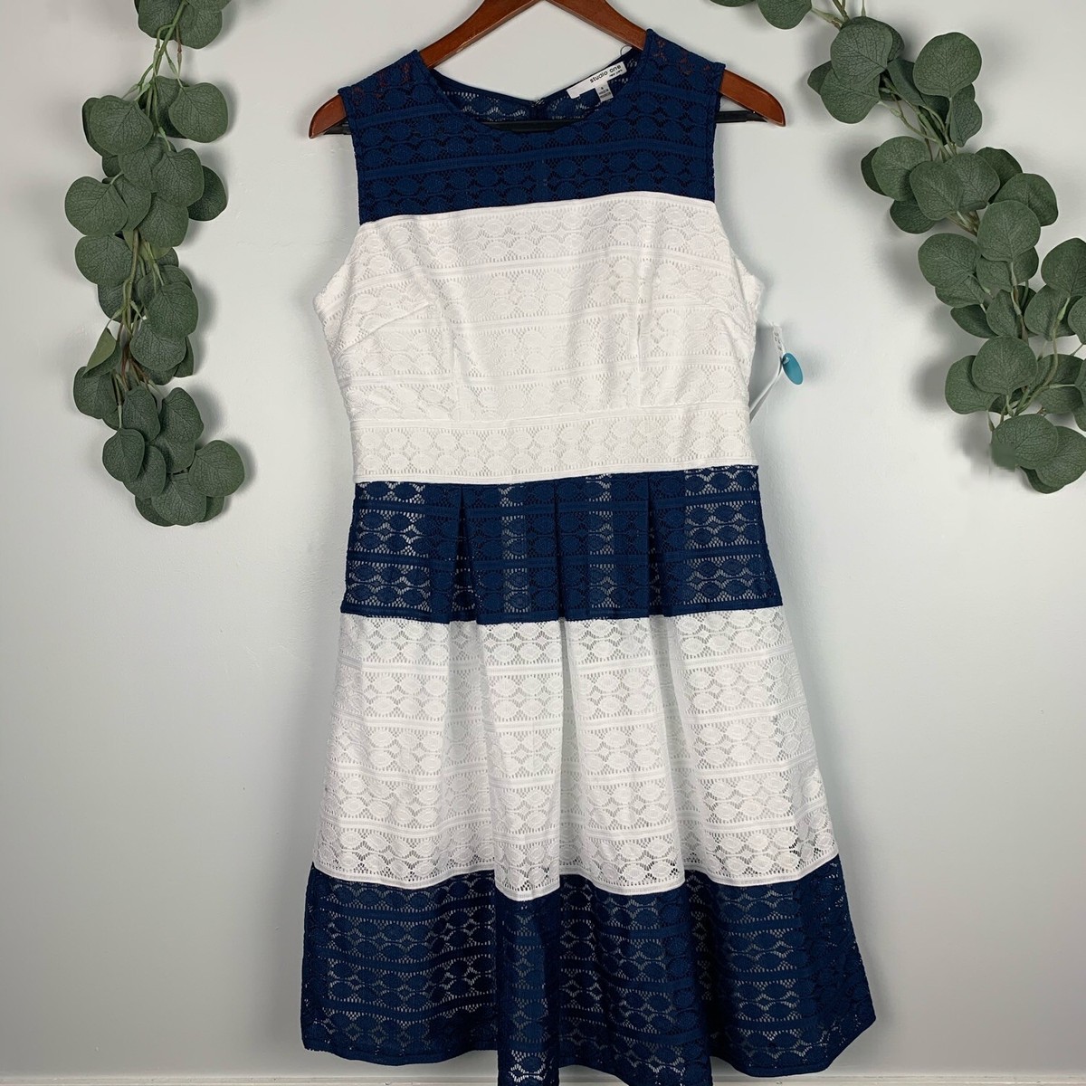 NWT. Womens Studio One Fit & Flare Dress White Navy Size 4 | eBay