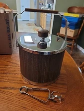 Vintage ATAPCO Faux Wood Grain Chrome Lid Ice Bucket with Original Tong