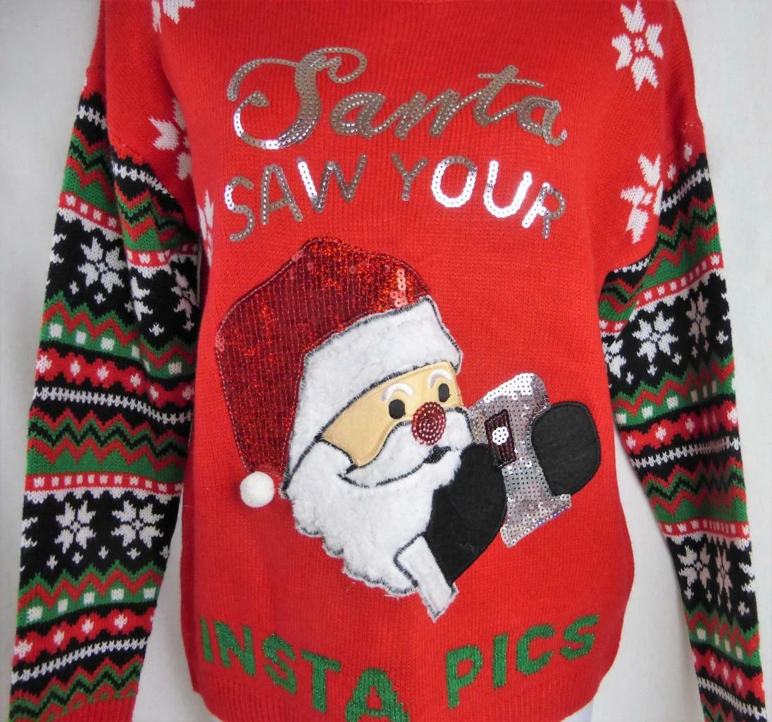 Red Christmas Sweater Med Santa Saw Your Insta Pics Sequins