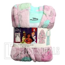 New Girl Disney Princess Plush Hooded Robe  Fleece Pajama Set Pink 8