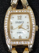 Studio MOP Dial Gold Tone Crystal Accent Bracelet Band Watch 7 Inch