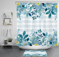 Teal Blue Botanical Leaf Yellow Floral Shower Curtain Set for Bathroom Decor