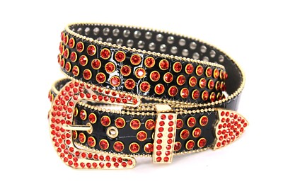 Rhinestone Western Belt Gold Black Belt Red Stone Unisex Men For Pants 46