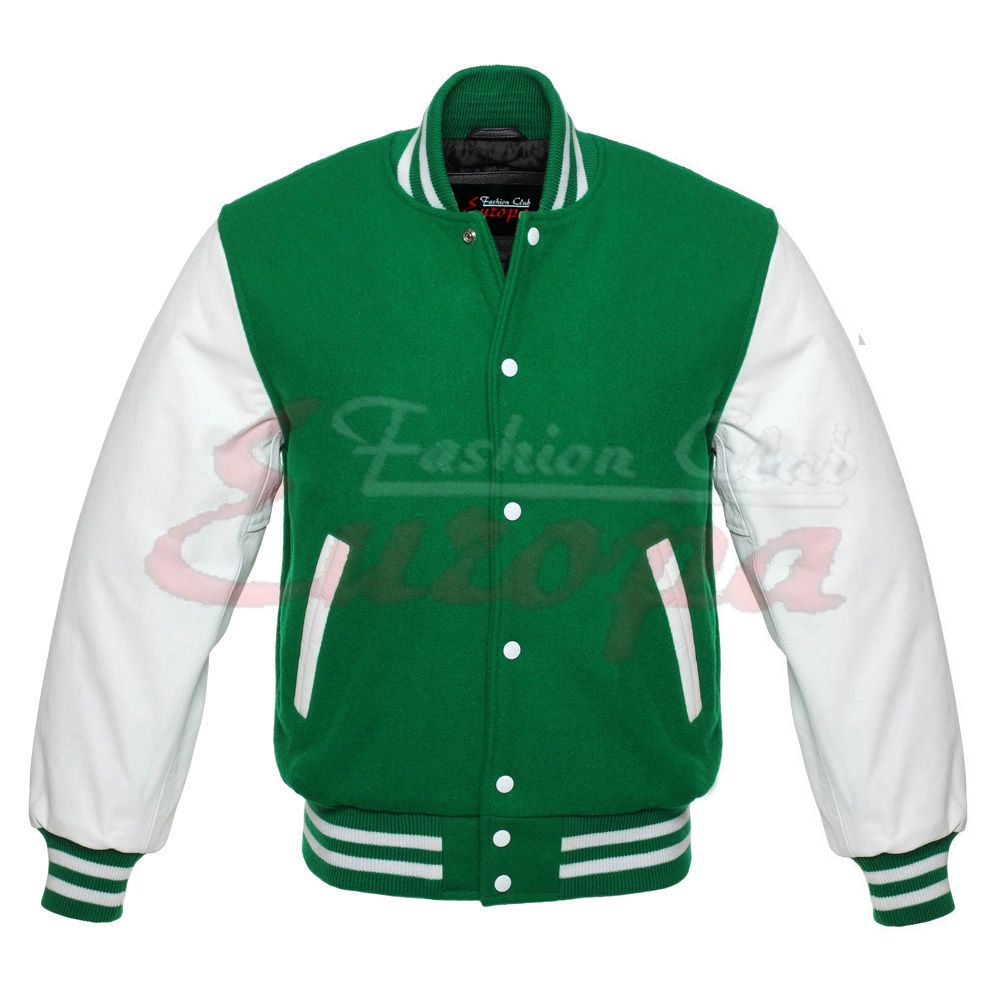 Varsity Green Wool Letterman Jacket Classic Snap Button White