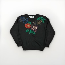 Vintage Bold Multicolor Sequin Beaded Black Sweater Womens 1980s Sm Oversized