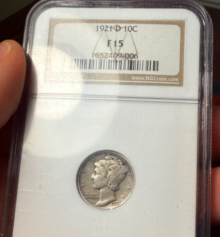 (#102643) Mercury Dime:  1921 D.  NGC F 15.  Key date!   (see video!)