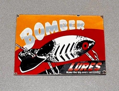 VINTAGE 12” BOMBER FISH LURE BAIT PORCELAIN SIGN GAS OIL CAR TRUCK MOTORCYCLE