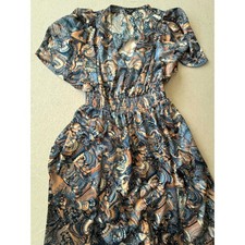 Marciano Guess Blue Copper Abstract Marble Print Smocked V-Neck Maxi Dress L