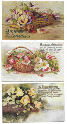 3 Tuck's Künstler gezeichnete Geburtstagsgrüße Postkarten mit Blumen - Rosen