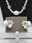 Vintage Milk Glass And Aurora Borealis Crystal Necklace And Clip-on Earrings Set