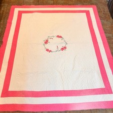 VTG Full Quilt Pink Coverlet Floral Applique Embroidered Romantic Farmhouse