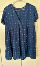 Salanta Navy Blue Swiss Dot V-Neck Short Sleeve Dress Women’s Size L