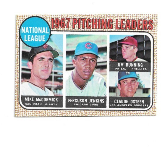 1968 Topps #9 NL Pitching Leaders, Fergie Jenkins, Chicago Cubs, Jim Bunning