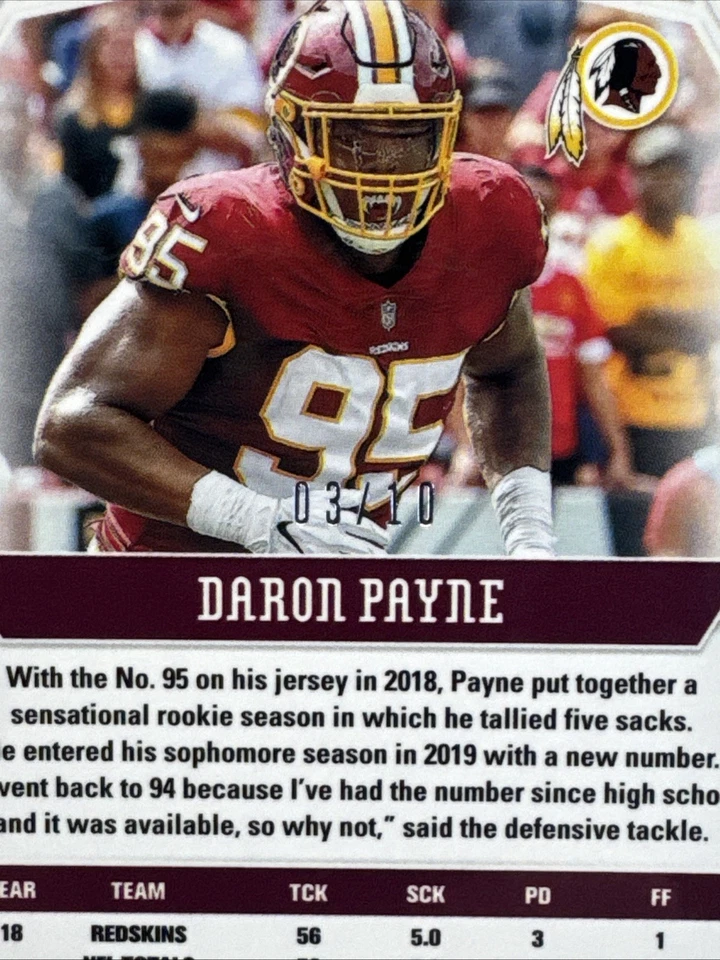 2019 Panini Phoenix Black /10 Daron Payne #63 - Image 4 of 4
