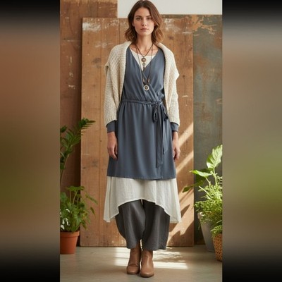 Three Eighty Two Dusty Blue belted crossover lined mini dress Small Lagenlook