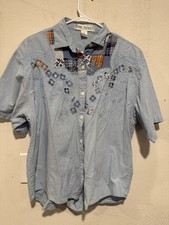 Vintage Jane Ashley Floral Embroidered Patches Denim Shirt Large Granny Chic