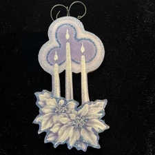 WHITE POINSETTIA WITH CANDLES  *  Glitter HOLIDAY ORNAMENT * Vtg Img