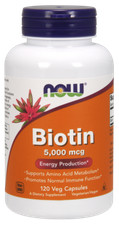 NOW Foods Biotin 5000 mcg 120 Veg Caps Supports Amino Acid Metabolism 02/2027EXP