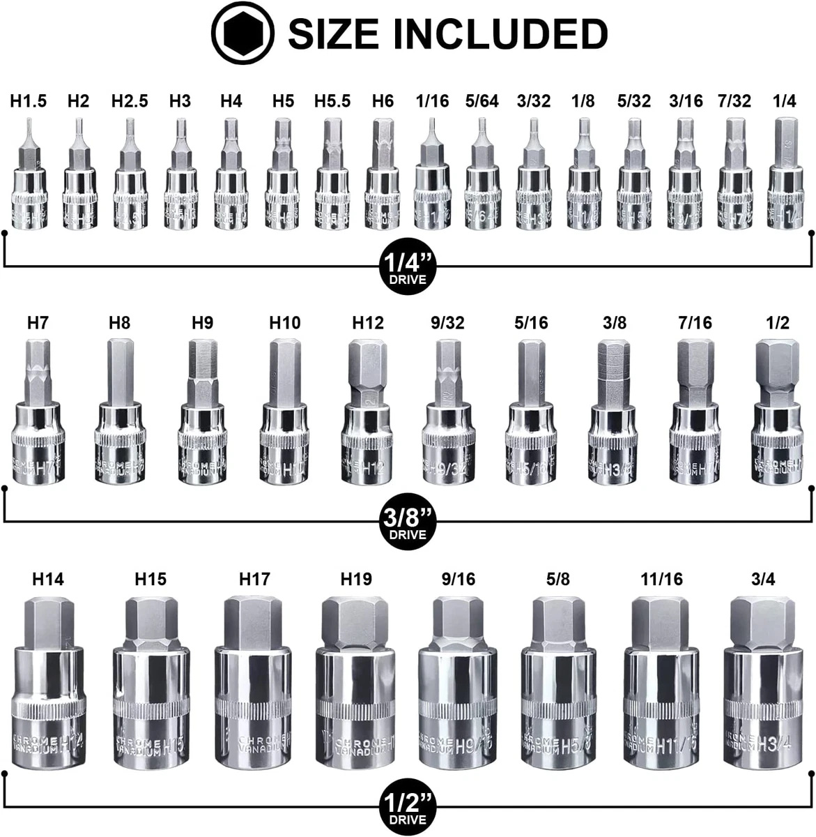 32 pc master allen wrench bit kit hex key for ratchet socket tool sae metric online set