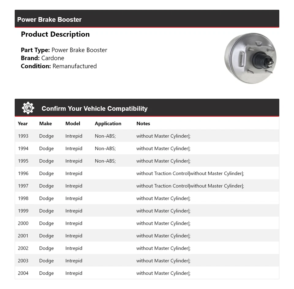 Para Dodge Intrepid 1993-2004 Power Brake Booster Cardone 1994 1995 1996 1997 Foto 2 de 4
