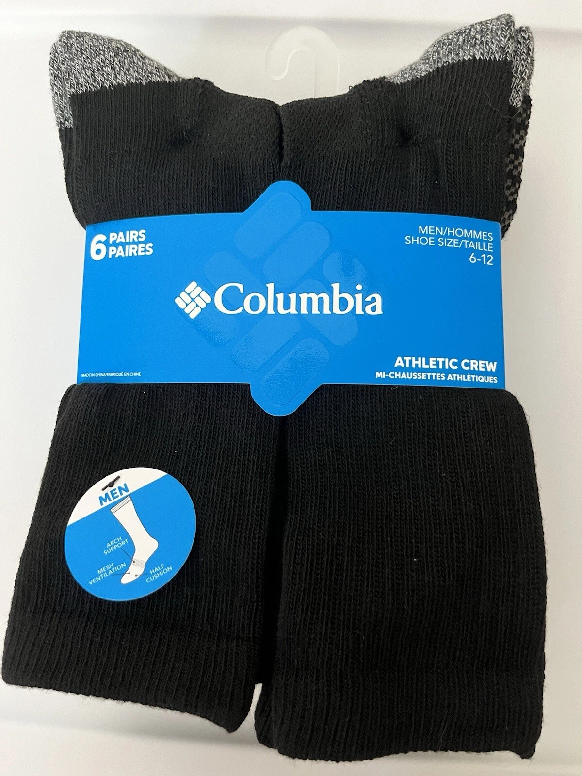 Columbia Men's Black Athletic Crew Socks Sz Lg 6-12 6 Pairs Arch Support/ Mesh