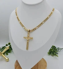 Gold Crucifix Necklace for Men, 5mm Round Figaro Chain, 14K Heavy Plated Gold