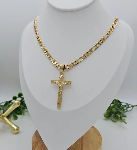 Gold Crucifix Necklace for Men, 6mm Round Figaro Chain, 14K Heavy Plated Gold
