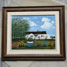 Oil Painting Signed Summer Landscape House Flowers 19.5" x 16.5"